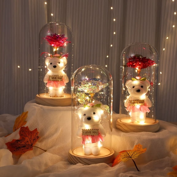RBCKVXZ Preserved Rose Teddy Bear Night Light - 6" Glass Dome LED Lamp with Wood Base, Battery Operated Gift for Valentine's Day/Birthday/Anniversary