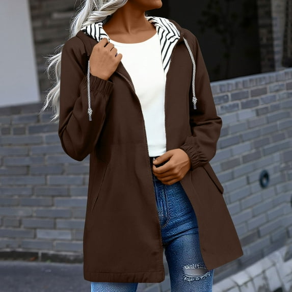 Chiccall Raincoats for Women Waterproof Zip Up Striped Lined Rain Jacket with Hood Long Trench Coats with Pocket Fashion Hiking Travel Windbreaker Brown XXL