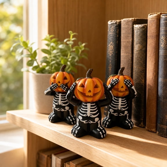 RBCKVXZ See No Hear No Speak No Evil Skeleton Pumpkin Figurines Halloween Resin Statues O Skeleton Tabletop Decor for Fall Thanksgiving Home Pa