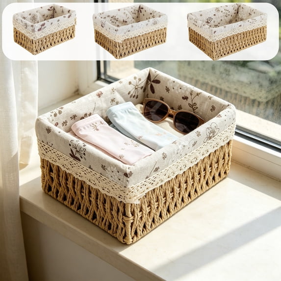 RBCKVXZ Small Woven Storage Basket with Liner, Rectangular Rattan Organizer Bin for Bathroom, Bedroom, Kitchen, Office (Natural, 10x7.8x4.7 Inch)