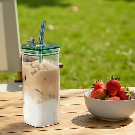 RBCKVXZ Square Glass Cup with Wooden Lids and Straws, 350ml/12oz Clear Portable Drinking Tumblers, for Iced Coffee, Cocktail, Beer, Whiskey (Green)