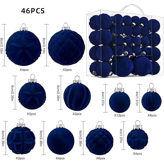 RBCKVXZ Velvet Christmas Ball Ornaments - 46pcs Flocked Christmas Tree Decorations Set Assorted Shatterproof Hanging Ornaments with Loop for Xmas Holiday Party Decor, 3 Sizes (Dark Blue)