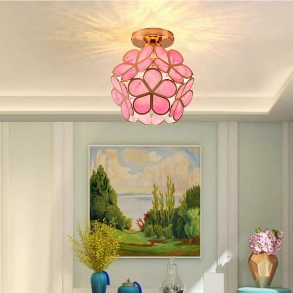 RBCKVXZ Vintage Semi Mount Ceiling Light Fixture with Clear Glass Shade Flower Small Chandelier Brass Close to Ceiling Light for Hallway Entryway Bedroom Porch Foyer Corridor Kitchen (Pink)
