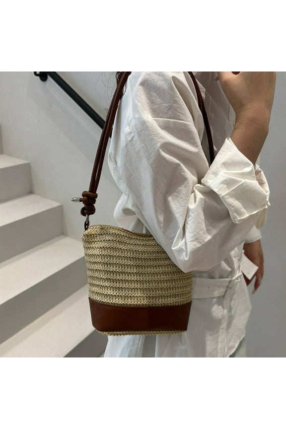 Women's Straw Leather Patchwork Tote Crossbody Barrel Bag Multifunctional Uncomplicated Chest Bag Suitable For Outdoor Travel Messenger Bag Commut Backpack Mini Mobile Phone Bag