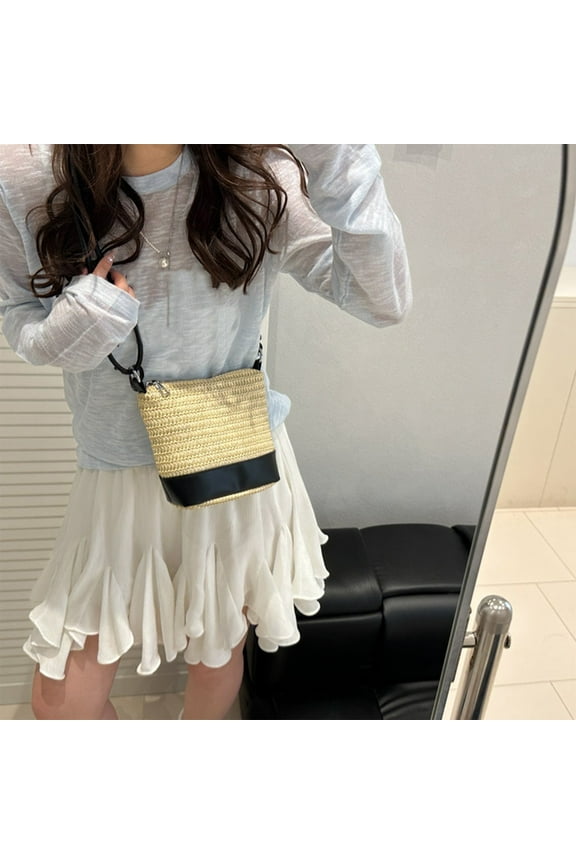 Women's Straw Leather Patchwork Tote Crossbody Barrel Bag Multifunctional Uncomplicated Chest Bag Suitable For Outdoor Travel Messenger Bag Commut Backpack Mini Mobile Phone Bag