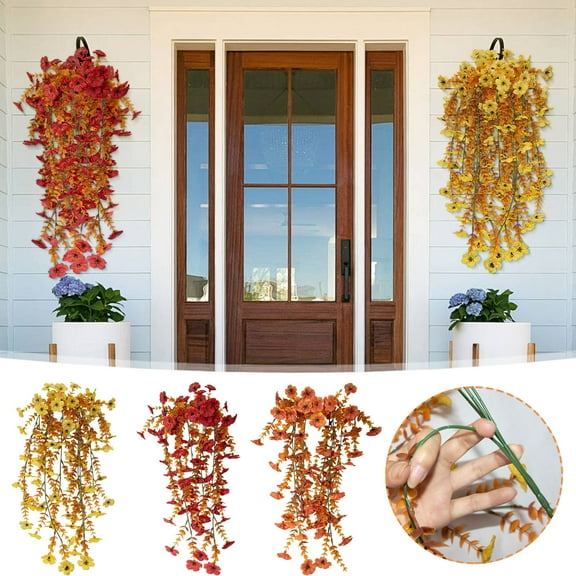 RBCKXVZ Orange Artificial Hanging Flowers, UV Resistant Fake Plastic Faux Hanging Plants Morning Glory Vines for Indoor Outdoor Garden Porch Eave Wedding Wall Decor