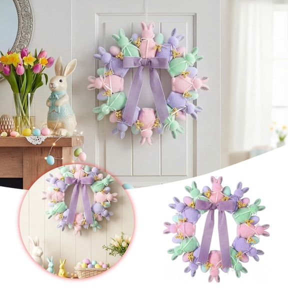 RBER Zeyune Easter Door 13 Inch Easter Flocked Bunny Wreaths Hanger Wall Wreath For Front Doors Home Farmhouse Porch Wall Indoor Outdoor Window Bunny