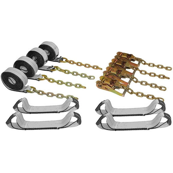 RBK1-18, 8 Point Tie Down Kit with Ratchets & Longer 18' Straps w/Chain Tails for Rollbacks, Tow Trucks, Flat Bed and More!