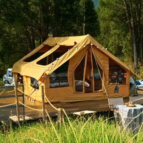 RBM Outdoors Panda Air Large (Beige) Inflatable Canvas Camping Tent for 26 People Air Beam Tent with Stove Jack, Fast Setup, Hand Pump Included