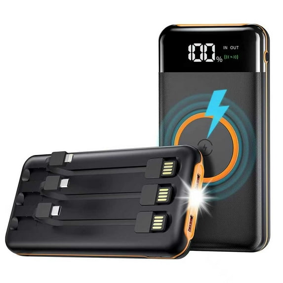 RBSTOSTO Portable Power Bank Charger,40000mAh Power Bank Flashlight 5V3.1A Fast Charger and Built in Out/Input Cables 10W Wireless Charger for Smart Devices and Cell Phones (Orange)
