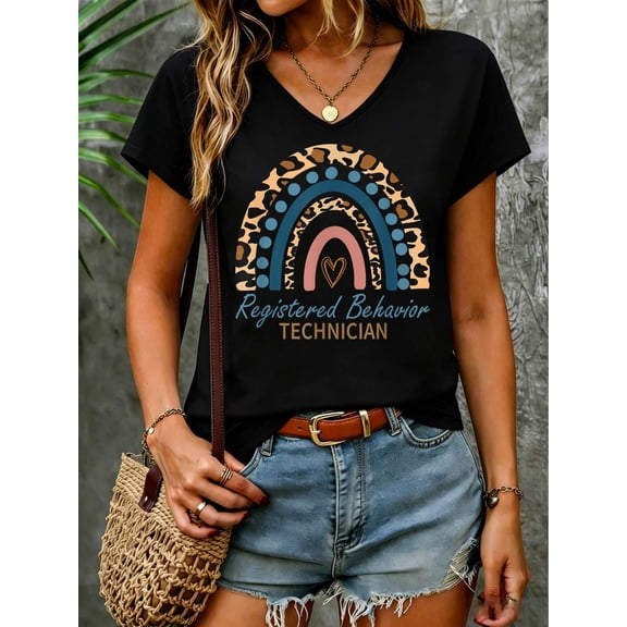 RBT Registered Behavior Technician ABA Therapist Rainbow V Neck T-Shirt Cotton Women's V Neck Graphic Tee, Casual Short Sleeve Shirt,Vacation Outfit