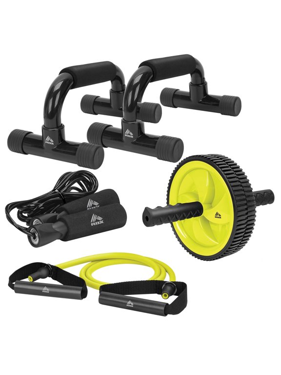 4 Piece Home Gym Kit - Medium Resistance Band, 9ft Adjustable Jump Rope, AB Roller & Push Up Bars