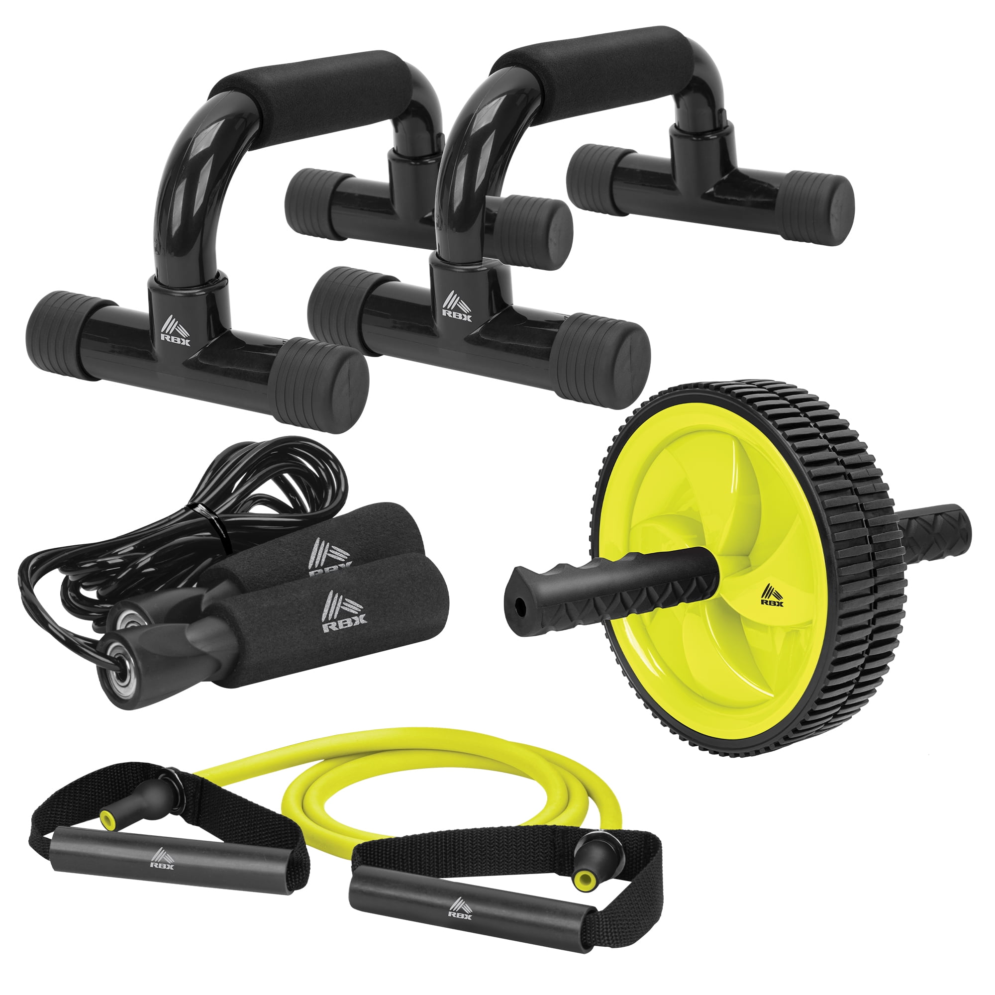 RBX 4 Piece Home Gym Workout Kit Medium Resistance Band 9ft Adjustable Jump Rope AB Roller Push Up Bars