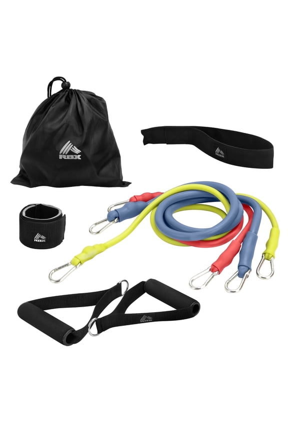 6 Piece Home Gym Resistance Kit - Light, Medium, Heavy Resistance Bands, Grip Handles, Door Anchor, Ankle Strap & Carry Bag