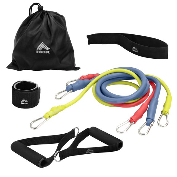 RBX 6 Piece Home Gym Resistance Kit - Light, Medium, Heavy Resistance Bands, Grip Handles, Door Anchor, Ankle Strap & Carry Bag