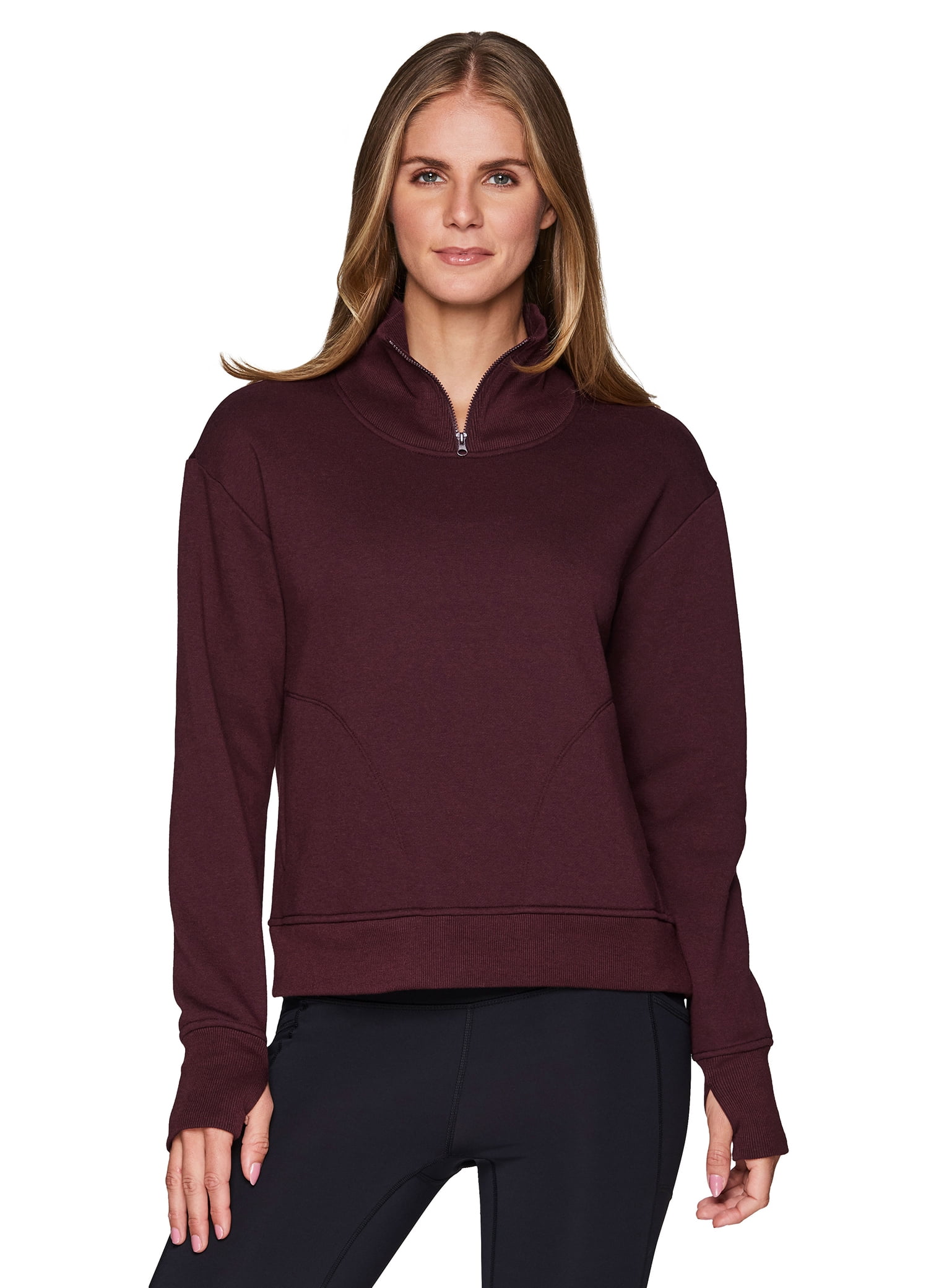 RBX Activewear Women's Fleece Pullover Sweatshirt With Zip Mock Neck,  Pockets and Thumb Holes