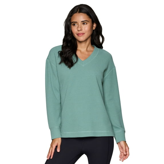 RBX Active Women's Ottoman Ribbed Lightweight V-Neck Sweatshirt