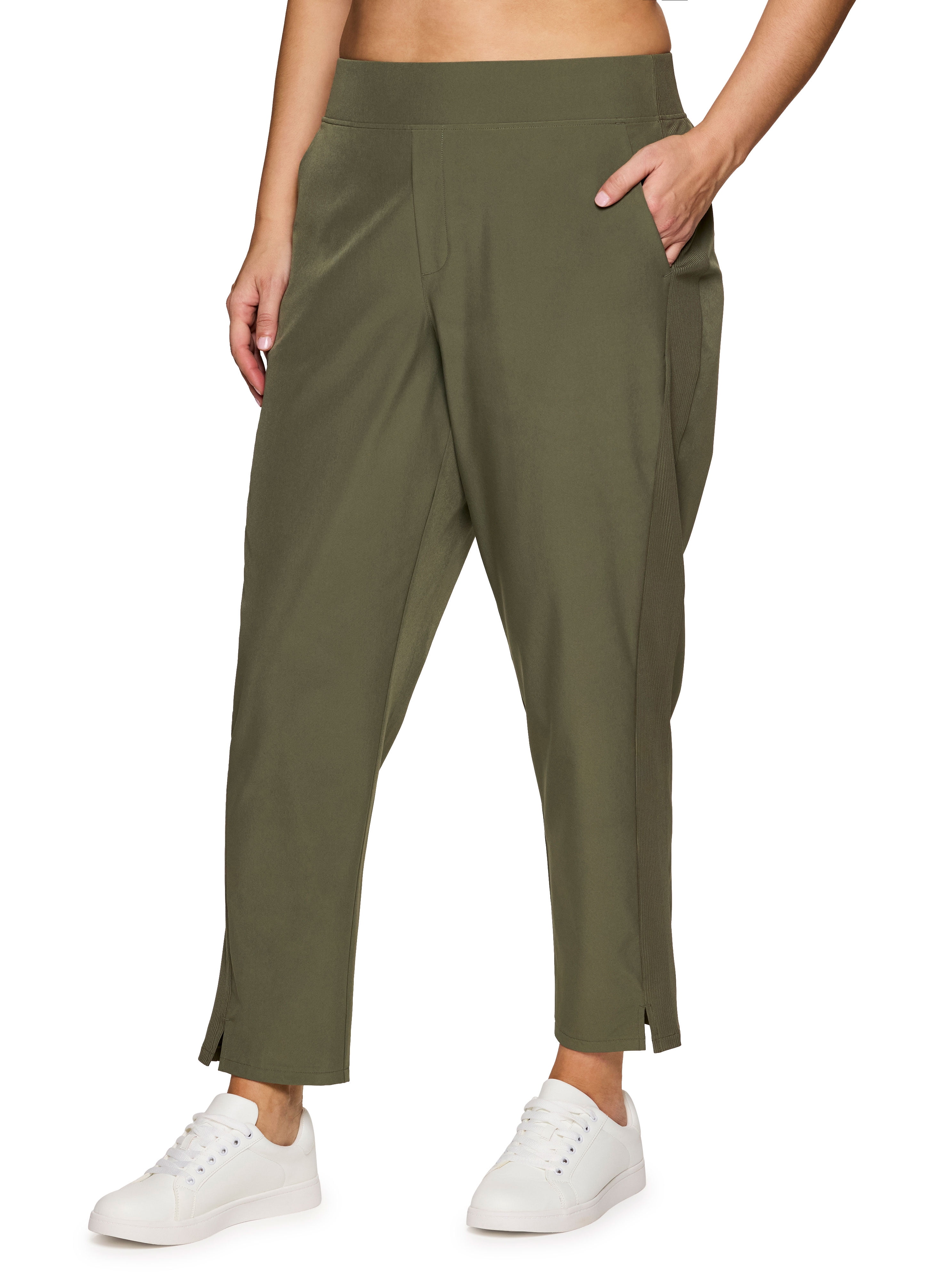 RBX Active Women's Plus Size Ribbed Side Woven Ankle Pant With Pockets 