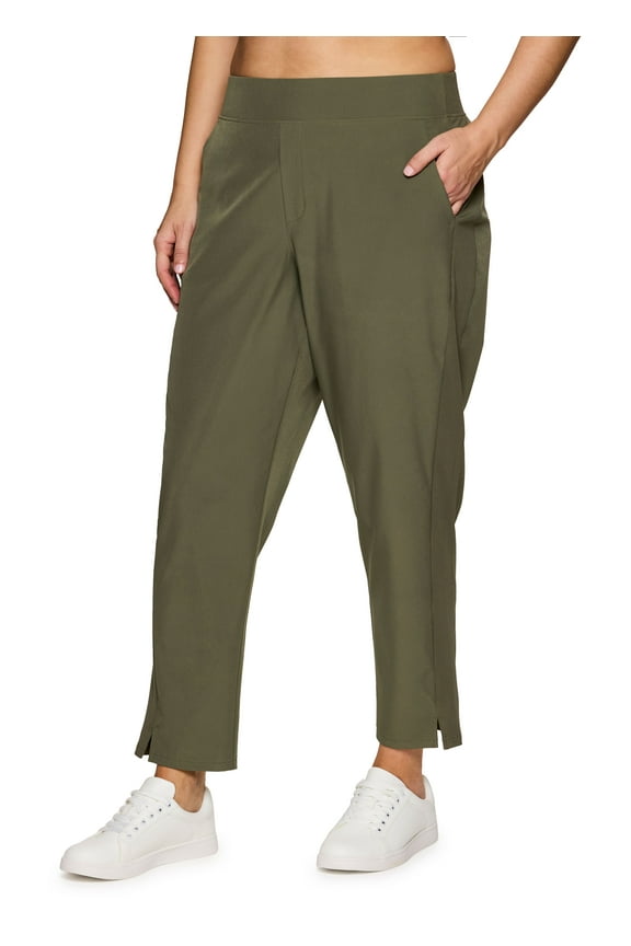 Active Women's Plus Size Ribbed Side Woven Ankle Pant With Pockets
