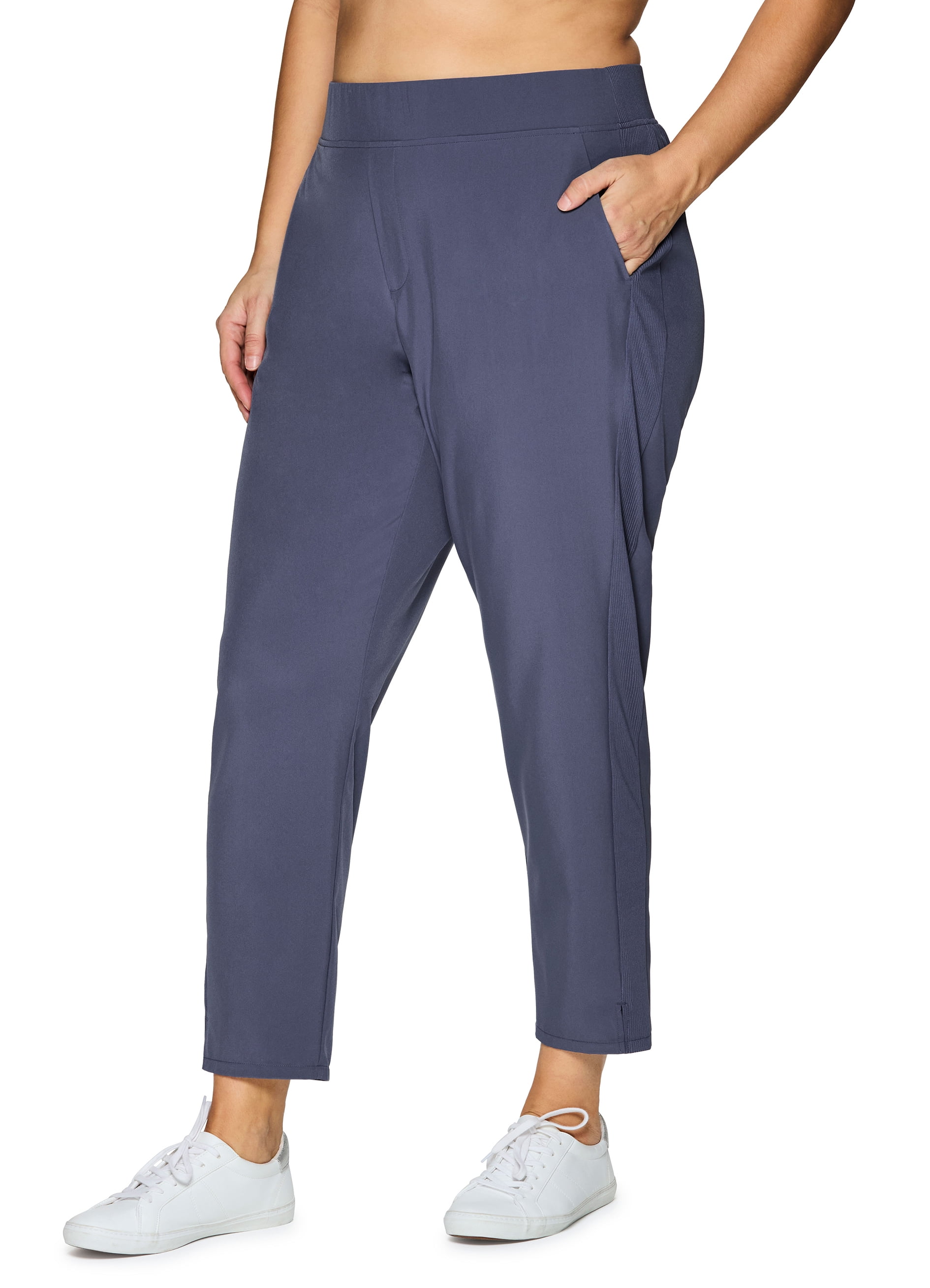 RBX Active Women's Plus Size Ribbed Side Woven Ankle Pant With Pockets 