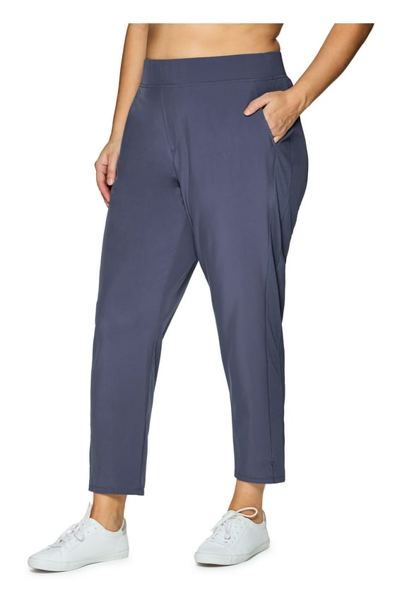 Active Women's Plus Size Ribbed Side Woven Ankle Pant With Pockets