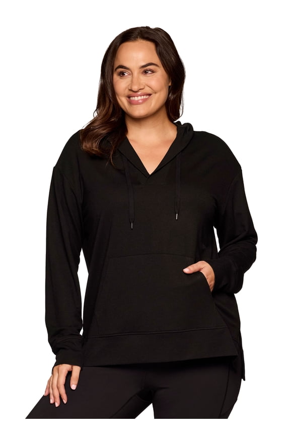 Active Women's Plus Size V-Neck French Terry Hoodie Tunic Sweatshirt