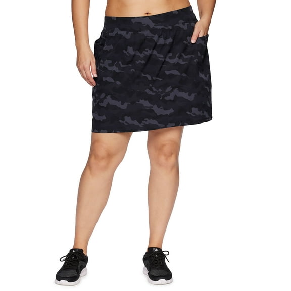 RBX Active Women's Plus Size Zipper Pocket Woven Camo Skort With Inner Bike Short