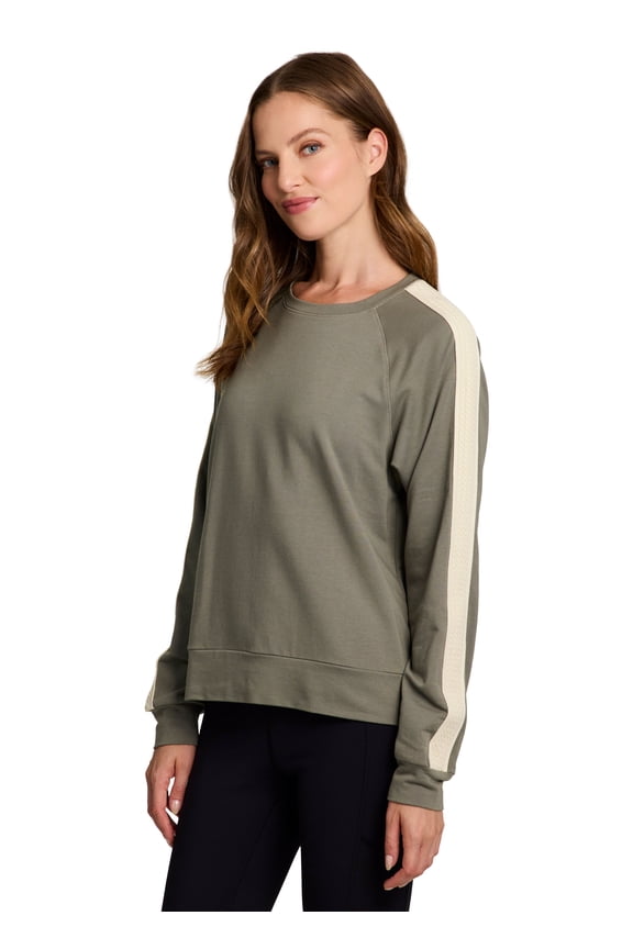 Active Women's Ultra Lightweight Cotton Blend French Terry Crewneck Pullover with Crochet Trim