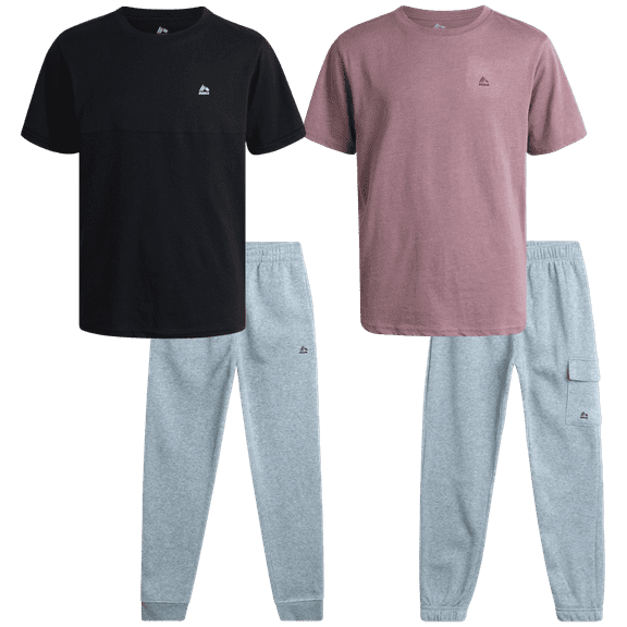 RBX Boys Sweatpants Set - 4 Piece Short Sleeve Boys Shirt and Fleece Jogger Sweatpants (4-12)