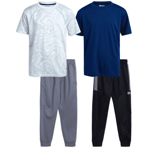 RBX Boys Pants Set - 4 Piece Performance Athletic Shirts and Tricot Jogger Sweatpants Set