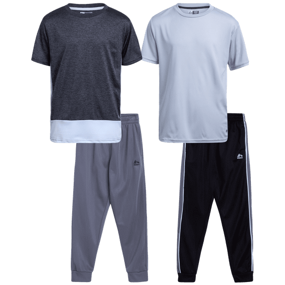 RBX Boys Pants Set - 4 Piece Performance Athletic Shirts and Tricot Jogger Sweatpants Set