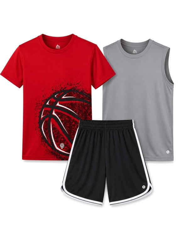 Boys Athletic Outfit Shorts Set Short Sleeve Shirts Dry Fit Sleeveless Jersey & Shorts 3 Piece