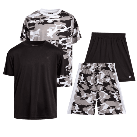 RBX Active Boys Short Sets Dryfit Short Sleeve Athletic Shirt and Gym Shorts 4 Piece Sets