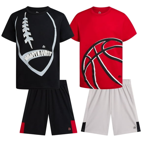 RBX Boys Active Shorts Set - 4 Piece Poly Stretch Graphic T-Shirt and Gym Shorts for Boys (8-12)