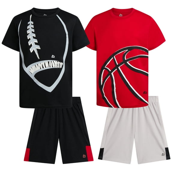 RBX Boys' Active Shorts Set - 4 Piece Poly Stretch Graphic T-Shirt and Gym Shorts for Boys (Sizes: 8-12)