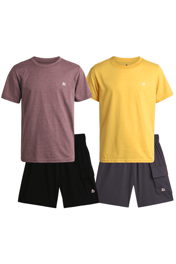 Boys Short Set - 4 Piece Short Sleeve Active Shirt and Tech Hybrid Boys Shorts Set (8-12)