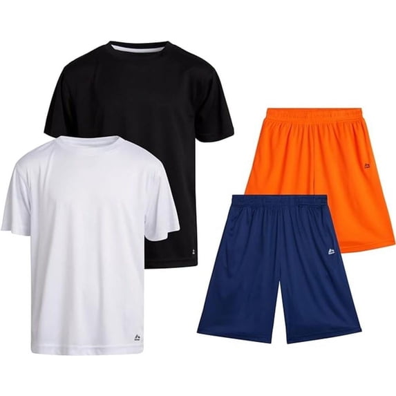 RBX Active Boys Short Sets Dryfit Short Sleeve Athletic Shirt and Gym Shorts 4 Piece Sets