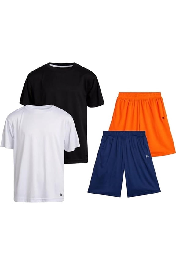 Active Boys Short Sets Dryfit Short Sleeve Athletic Shirt and Gym Shorts 4 Piece Sets