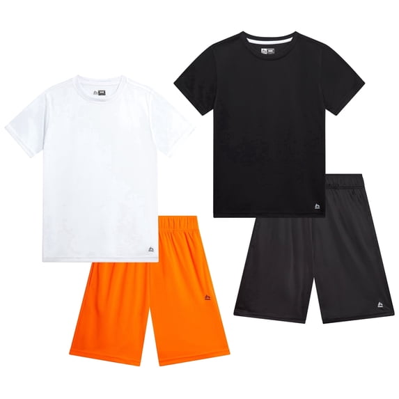RBX Active Boys Short Sets Dryfit Short Sleeve Athletic Shirt and Gym Shorts 4 Piece Sets