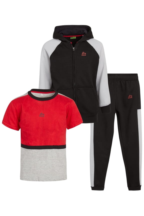 Boys Pants Set - 3 Piece Athletic Outfit Set with Short Sleeve T-Shirt, Fleece Sweatshirt and Joggers