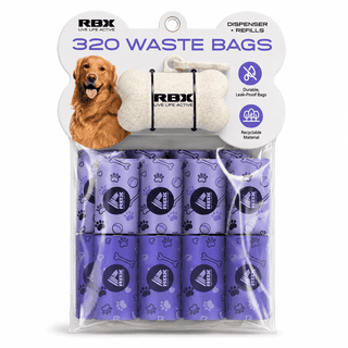 RBX Dog Poop Bags Rolls with Dog Poop Bag Holder for Leash, 320 Poop Bags for Dogs with Clip-On Dispenser, Durable Leak-Proof Dog Waste Bags, 16 Refill Rolls, Recyclable Material