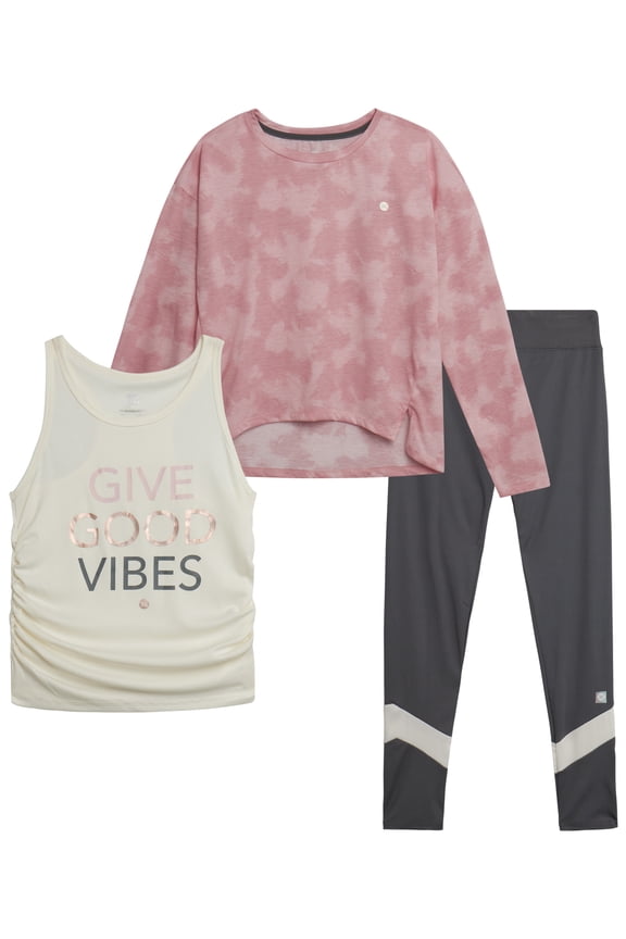 Girls Active Pants Set - 3 Piece Long Sleeve Shirts, Sleeveless Tank Top, and Leggings (7-12)