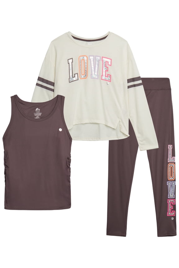 Girls Active Pants Set - 3 Piece Long Sleeve Shirts, Sleeveless Tank Top, and Leggings (7-12)