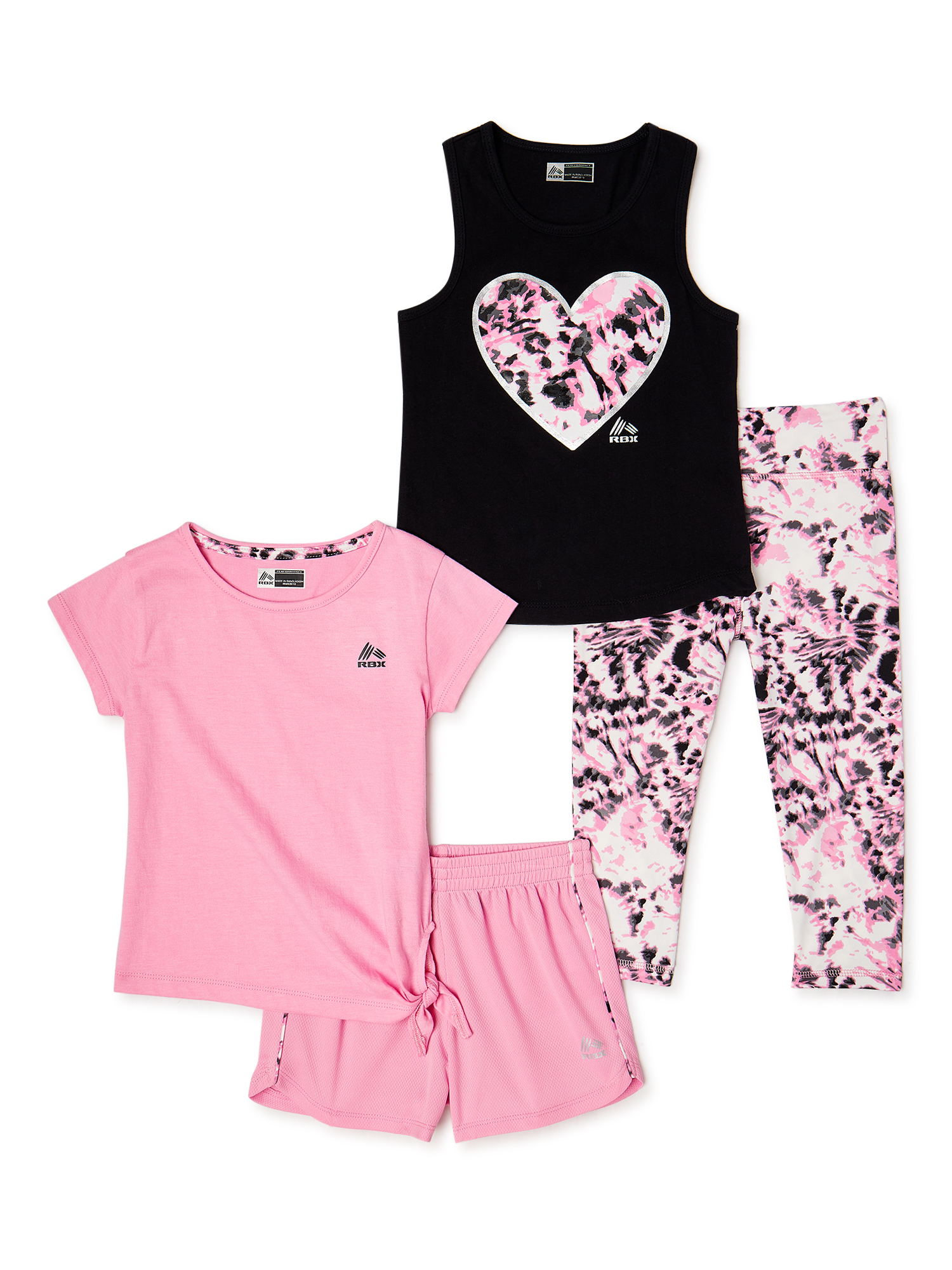RBX Girls Graphic Tank Top, Performance T-Shirt with Side Tie, Printed Leggings and Running Shorts, 4-Piece Active Set, Sizes 4-16 - image 1 of 3