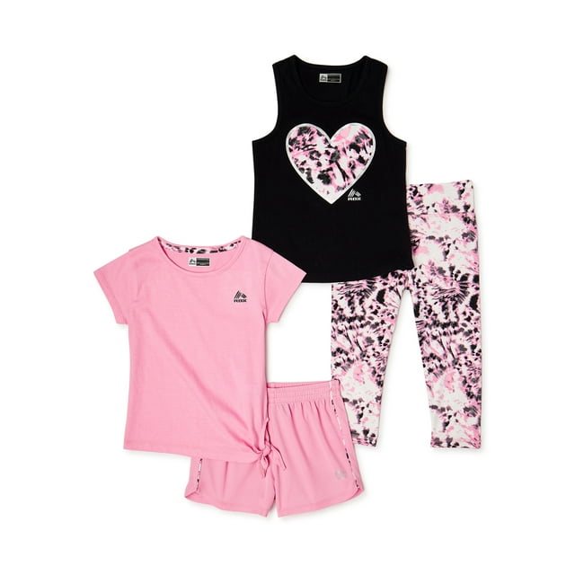 RBX Girls Graphic Tank Top, Performance T-Shirt with Side Tie, Printed Leggings and Running Shorts, 4-Piece Active Set, Sizes 4-16
