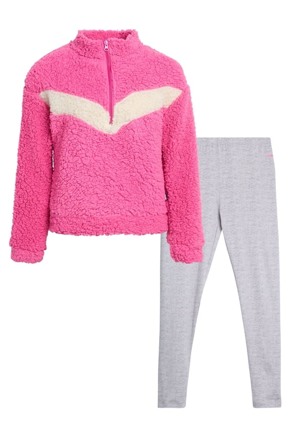 Girls Legging Set - 2 Piece Quarter Zip Sherpa Pullover Sweatshirt & Kids Yoga Pants (7-16)