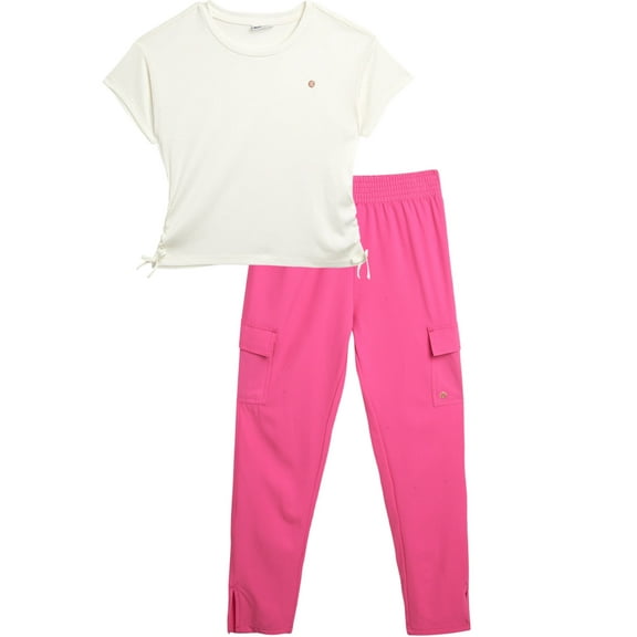 RBX Girls Pants Set - 2 Piece Active Ribbed Girls T-Shirt and Woven Tech Cargo Pants (7-12)