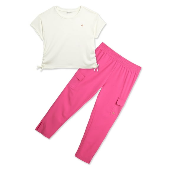RBX Girls Pants Set - 2 Piece Active Ribbed Girls T-Shirt and Woven Tech Cargo Pants (7-12)