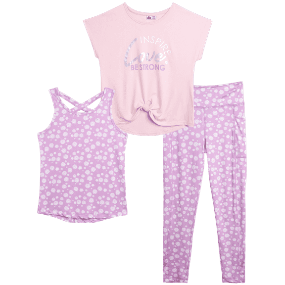 RBX Girls' Pants Set - 3 Piece Short Sleeve Performance T-Shirt, Tank Top, and Capri Leggings (7-12)