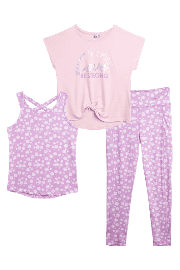 Girls' Pants Set - 3 Piece Short Sleeve Performance T-Shirt, Tank Top, and Capri Leggings (7-12)